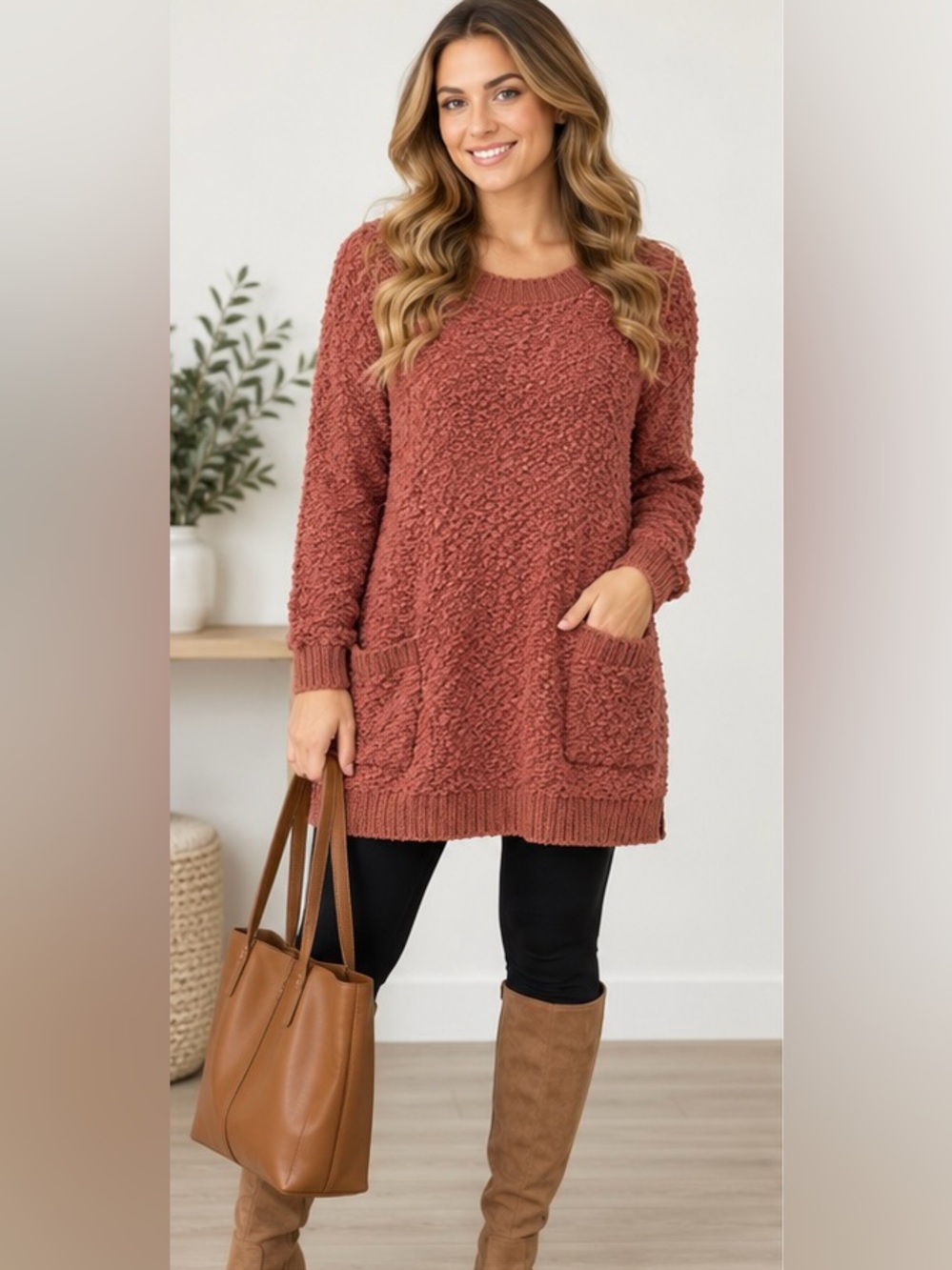 Zenana Outfitters Premium Popcorn Knit Longline Sweater - Rust